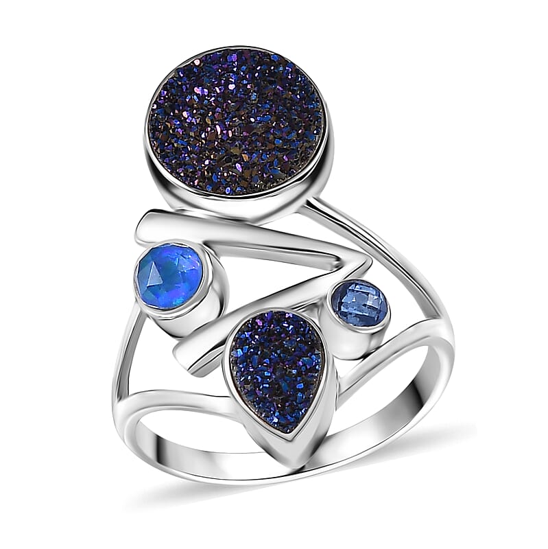 Sajen Silver Flat Blue Sapphire Drusy Quartz and Multi Gemstone 3.75 ctw Ring in Rhodium Over Sterling Silver (Size 10.0)
