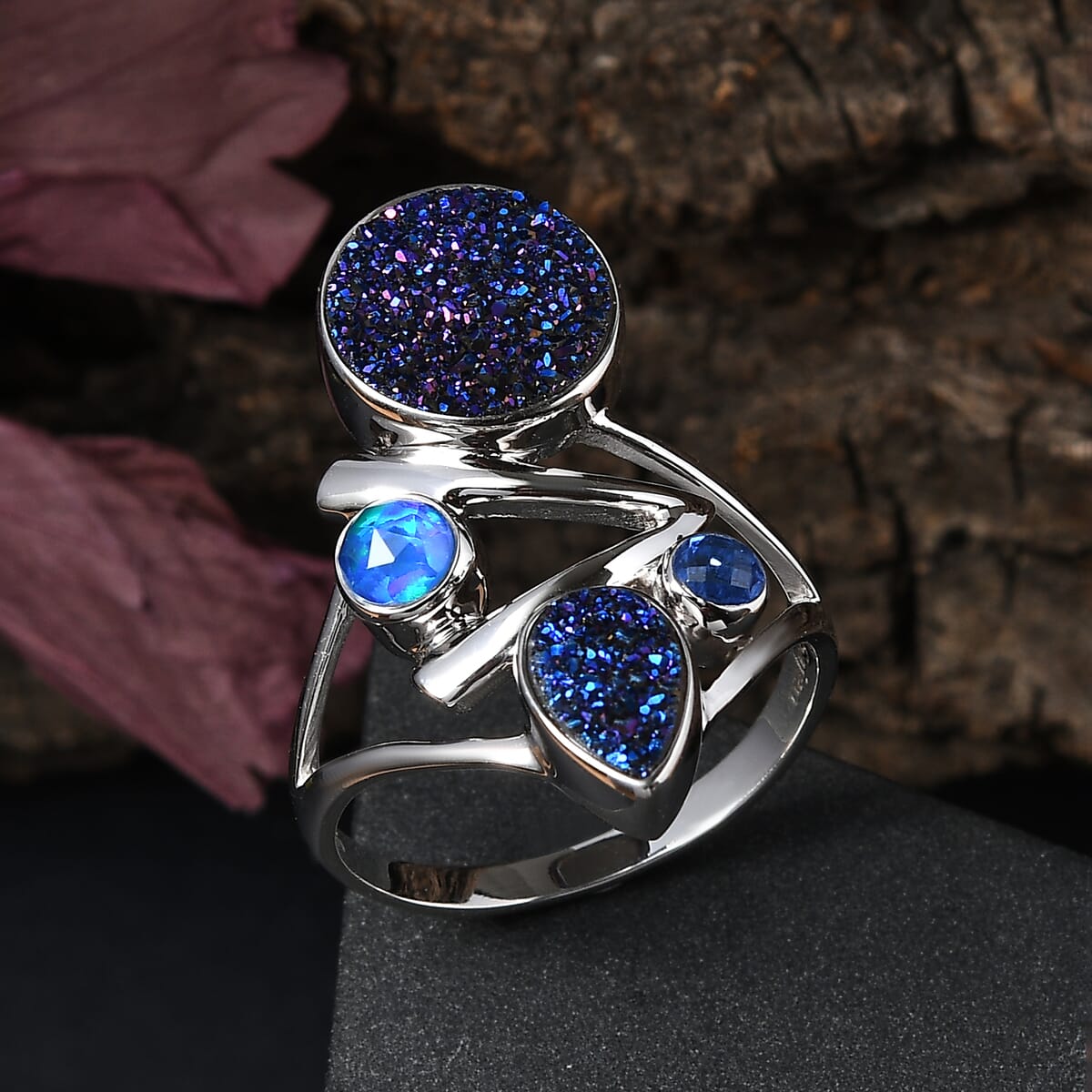Sajen Silver Flat Blue Sapphire Drusy Quartz and Multi Gemstone 3.75 ctw Ring in Rhodium Over Sterling Silver (Size 10.0) image number 1