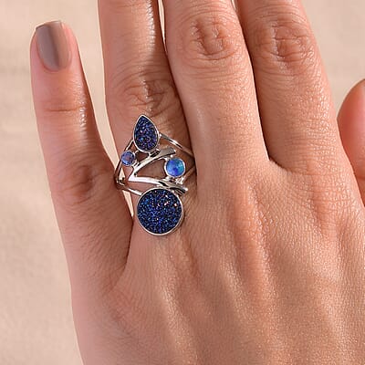 Sajen Silver Flat Blue Sapphire Drusy Quartz and Multi Gemstone 3.75 ctw Ring in Rhodium Over Sterling Silver (Size 10.0)
