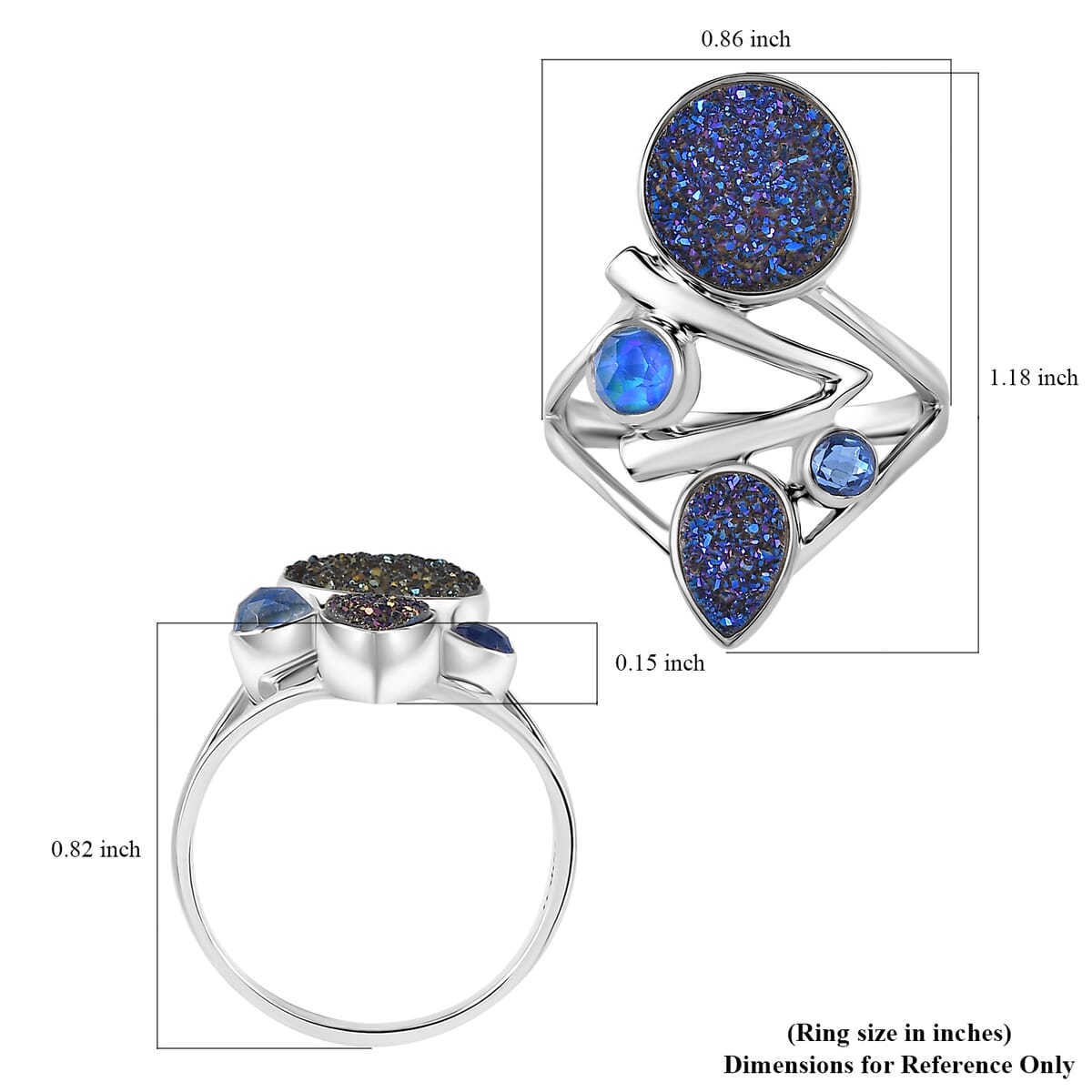 Sajen Silver Flat Blue Sapphire Drusy Quartz and Multi Gemstone 3.75 ctw Ring in Rhodium Over Sterling Silver (Size 10.0) image number 5