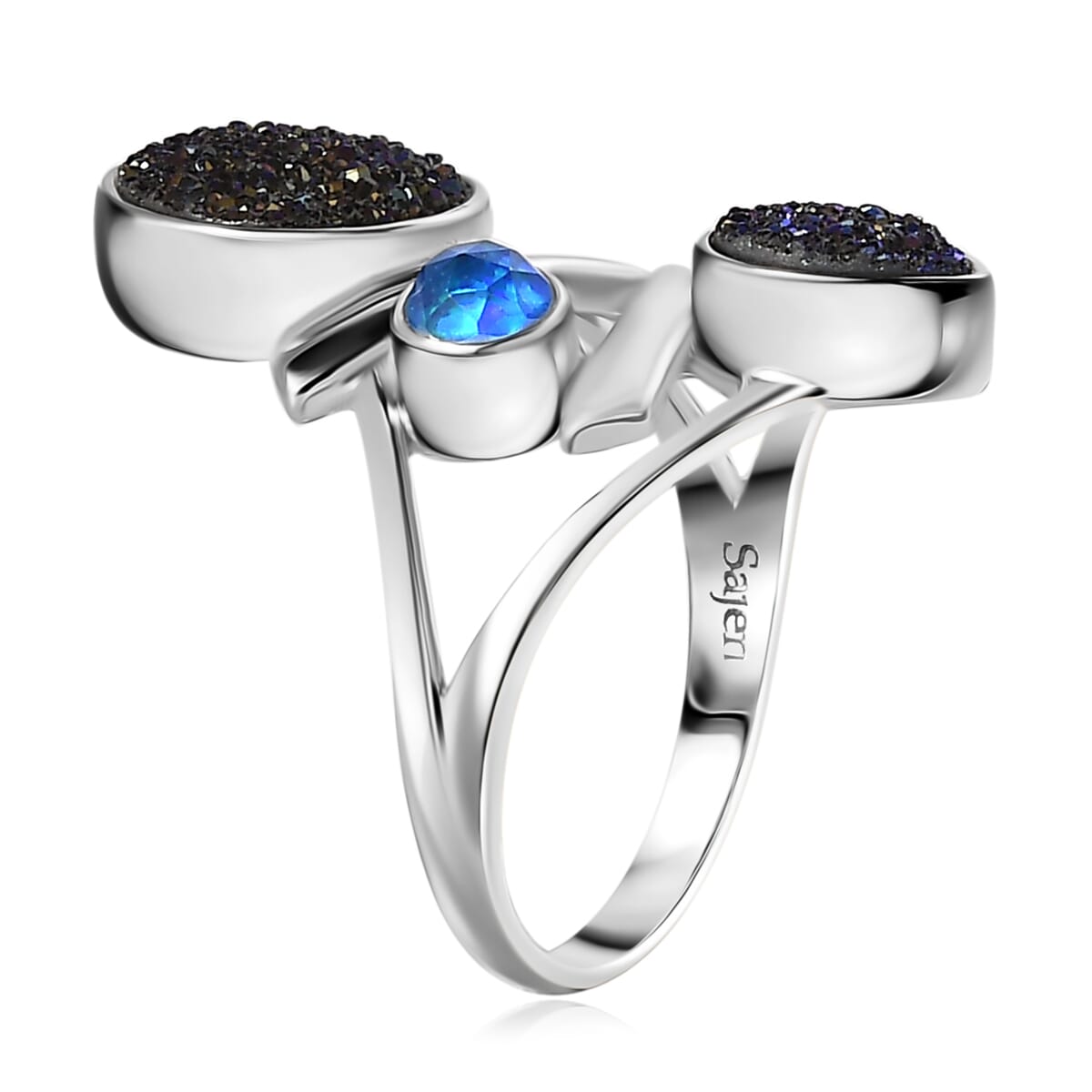 Sajen Silver Flat Blue Sapphire Drusy Quartz and Multi Gemstone 3.75 ctw Ring in Rhodium Over Sterling Silver (Size 11.0) image number 3