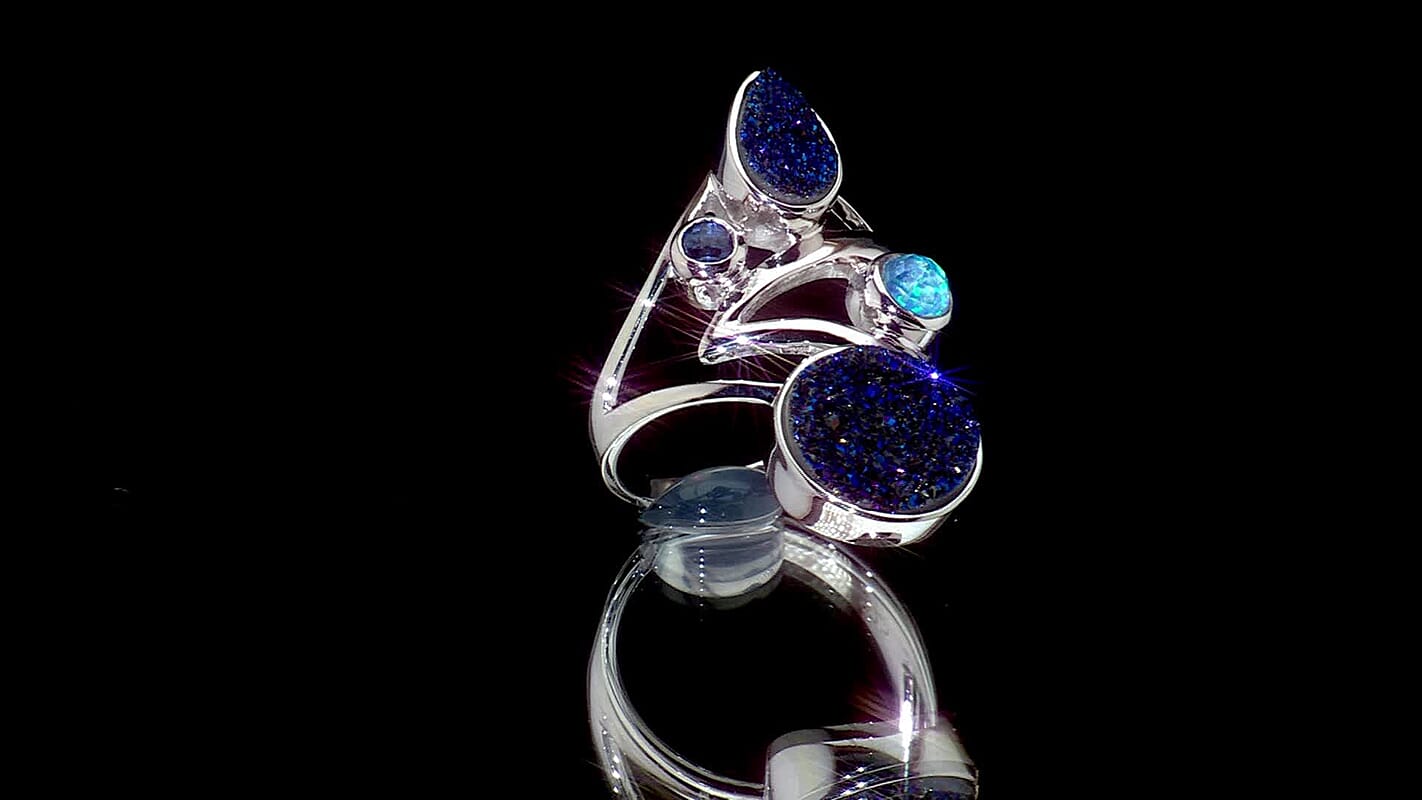 Epic Deal Sajen Silver Flat Blue Sapphire Drusy Quartz, Multi Gemstone Ring in Rhodium Over Sterling Silver (Size 10.0) 3.75 ctw