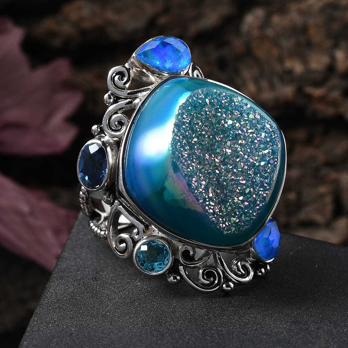 Sajen Silver Blue Drusy Quartz, Multi Gemstone Ocean Tides Ring in Rhodium Over Sterling Silver (Size 10.0) 28.20 ctw image number 1