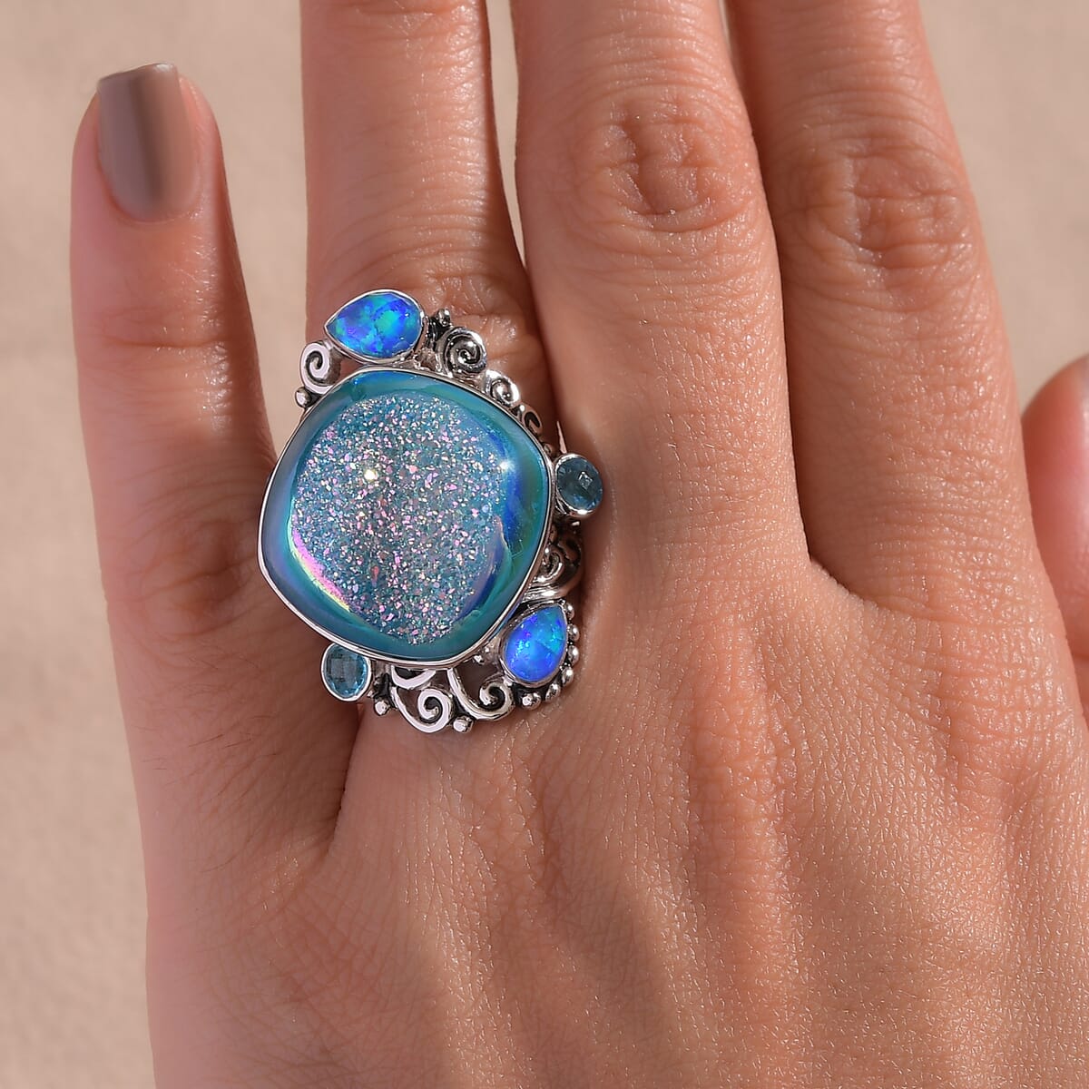 Sajen Silver Blue Drusy Quartz, Multi Gemstone Ocean Tides Ring in Rhodium Over Sterling Silver (Size 10.0) 28.20 ctw image number 2