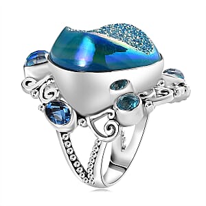 Sajen Silver Golden Dream Paraiba Window Drusy Quartz and Multi Gemstone 28.20 ctw Ring in Rhodium Over Sterling Silver (Size 10.0)