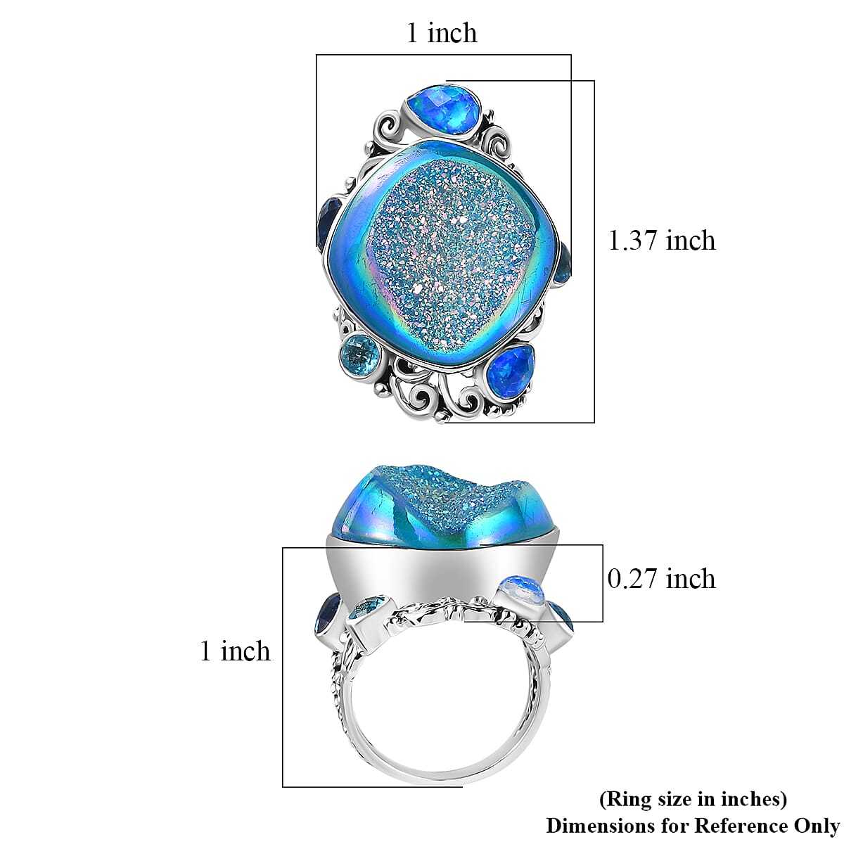 Sajen Silver Golden Dream Paraiba Window Drusy Quartz and Multi Gemstone 28.20 ctw Ring in Rhodium Over Sterling Silver (Size 10.0)