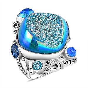 Sajen Silver Blue Drusy Quartz, Multi Gemstone Ocean Tides Ring in Rhodium Over Sterling Silver (Size 5.0) 28.20 ctw