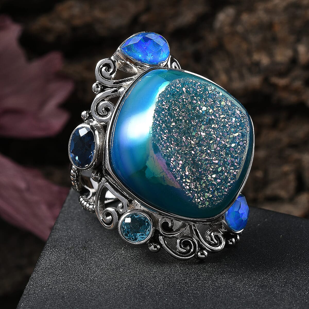Sajen Silver Blue Drusy Quartz, Multi Gemstone Ocean Tides Ring in Rhodium Over Sterling Silver (Size 5.0) 28.20 ctw image number 1