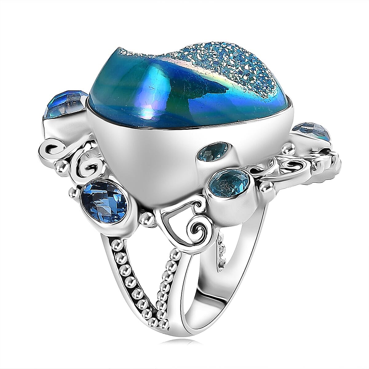 Sajen Silver Blue Drusy Quartz, Multi Gemstone Ocean Tides Ring in Rhodium Over Sterling Silver (Size 5.0) 28.20 ctw image number 3