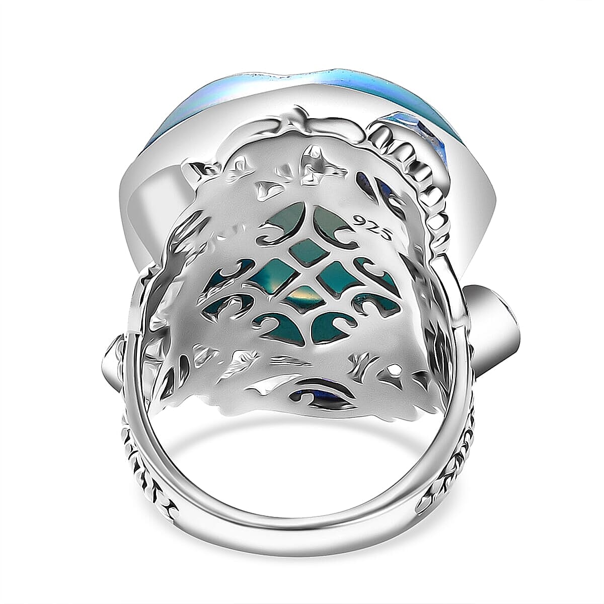 Sajen Silver Blue Drusy Quartz, Multi Gemstone Ocean Tides Ring in Rhodium Over Sterling Silver (Size 5.0) 28.20 ctw image number 4