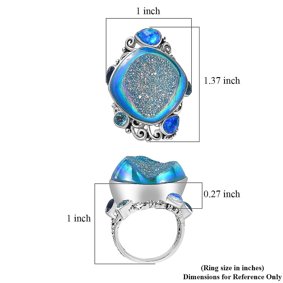 Sajen Silver Blue Drusy Quartz, Multi Gemstone Ocean Tides Ring in Rhodium Over Sterling Silver (Size 5.0) 28.20 ctw image number 5