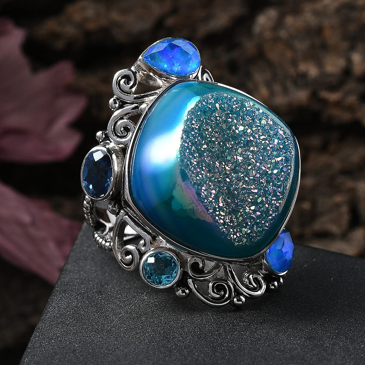 Sajen Silver Golden Dream Paraiba Window Drusy Quartz and Multi Gemstone 28.20 ctw Ring in Rhodium Over Sterling Silver (Size 6.0) image number 1