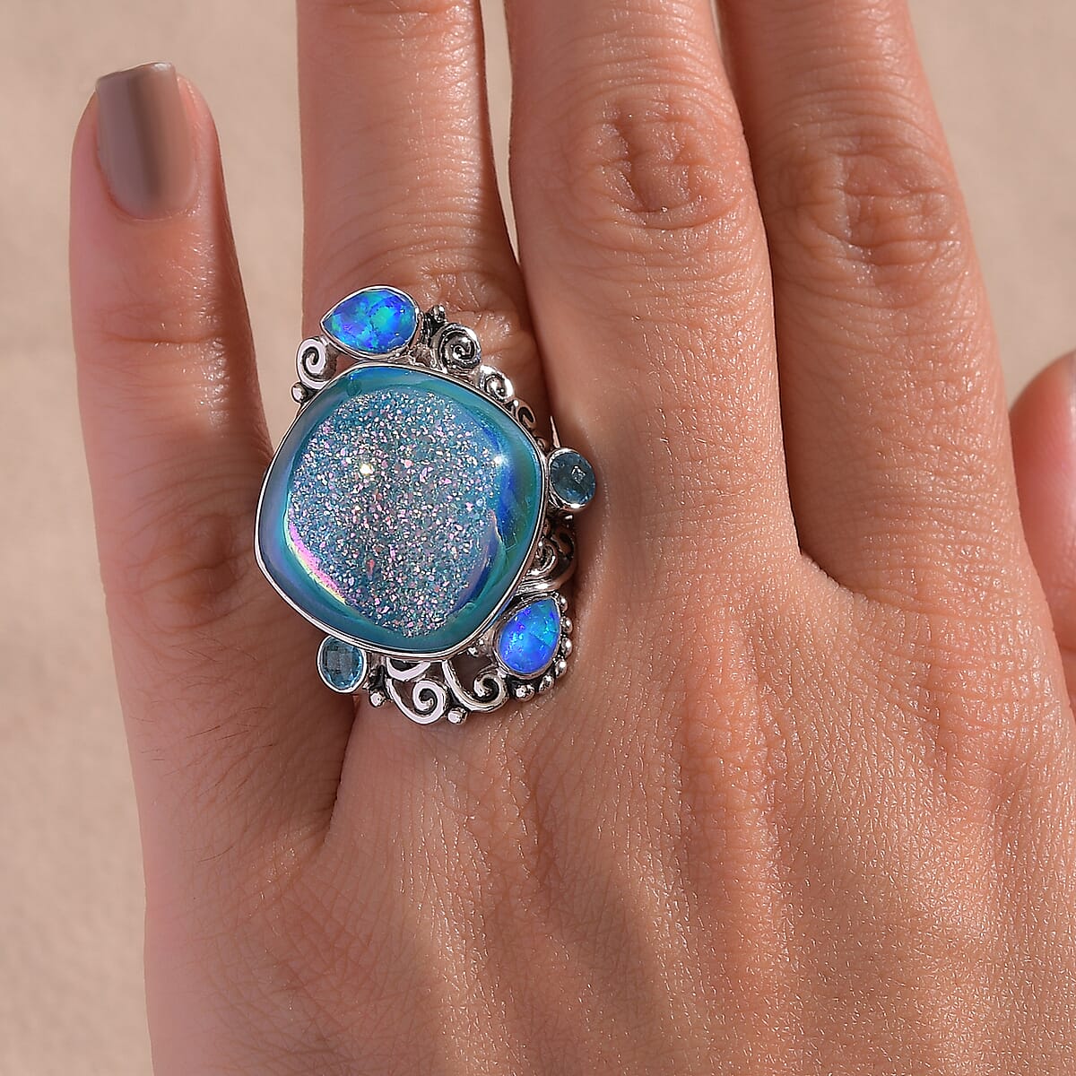 Sajen Silver Golden Dream Paraiba Window Drusy Quartz and Multi Gemstone 28.20 ctw Ring in Rhodium Over Sterling Silver (Size 6.0) image number 2