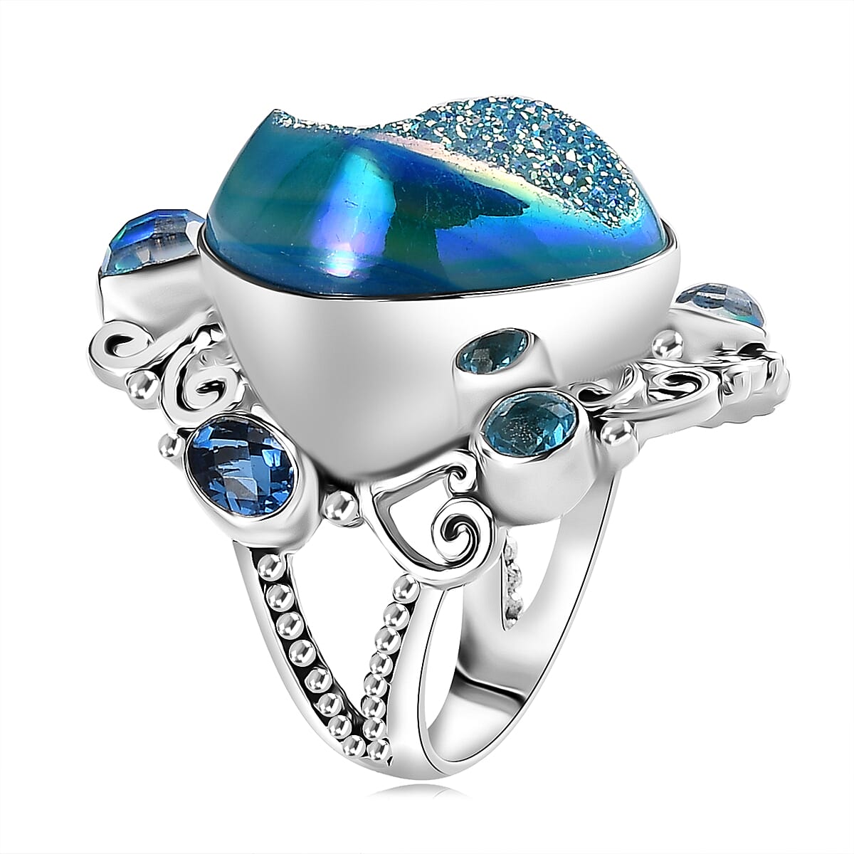 Sajen Silver Golden Dream Paraiba Window Drusy Quartz and Multi Gemstone 28.20 ctw Ring in Rhodium Over Sterling Silver (Size 6.0) image number 3