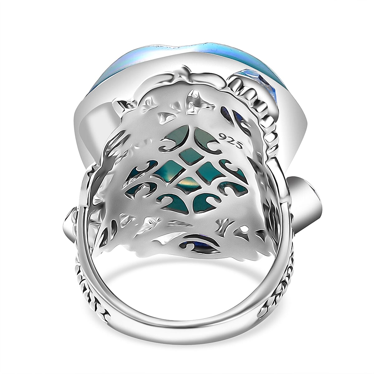 Sajen Silver Golden Dream Paraiba Window Drusy Quartz and Multi Gemstone 28.20 ctw Ring in Rhodium Over Sterling Silver (Size 6.0) image number 4