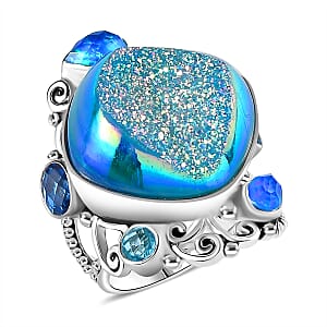 Sajen Silver Golden Dream Paraiba Window Drusy Quartz and Multi Gemstone 28.20 ctw Ring in Rhodium Over Sterling Silver (Size 7.0)