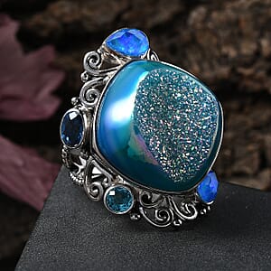 Sajen Silver Golden Dream Paraiba Window Drusy Quartz and Multi Gemstone 28.20 ctw Ring in Rhodium Over Sterling Silver (Size 7.0)