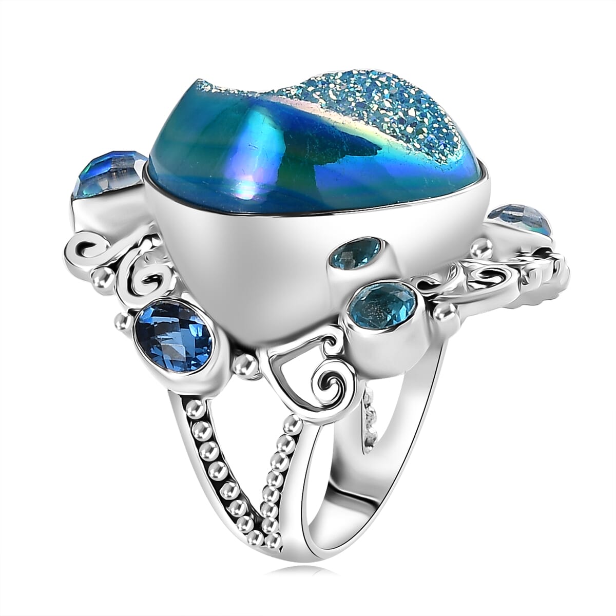 Sajen Silver Golden Dream Paraiba Window Drusy Quartz and Multi Gemstone 28.20 ctw Ring in Rhodium Over Sterling Silver (Size 9.0) image number 3