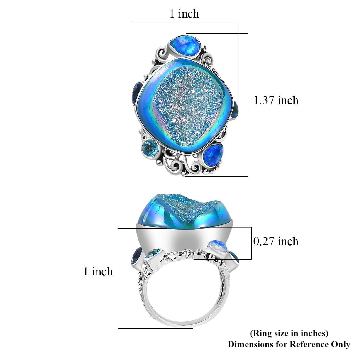 Sajen Silver Golden Dream Paraiba Window Drusy Quartz and Multi Gemstone 28.20 ctw Ring in Rhodium Over Sterling Silver (Size 9.0) image number 5