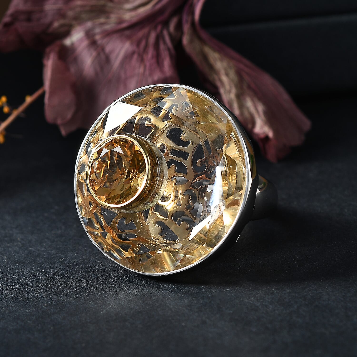 Sajen Silver Natural Crystal and Brazilian Citrine 33.15 ctw Ring in Rhodium Over Sterling Silver (Size 10.0)
