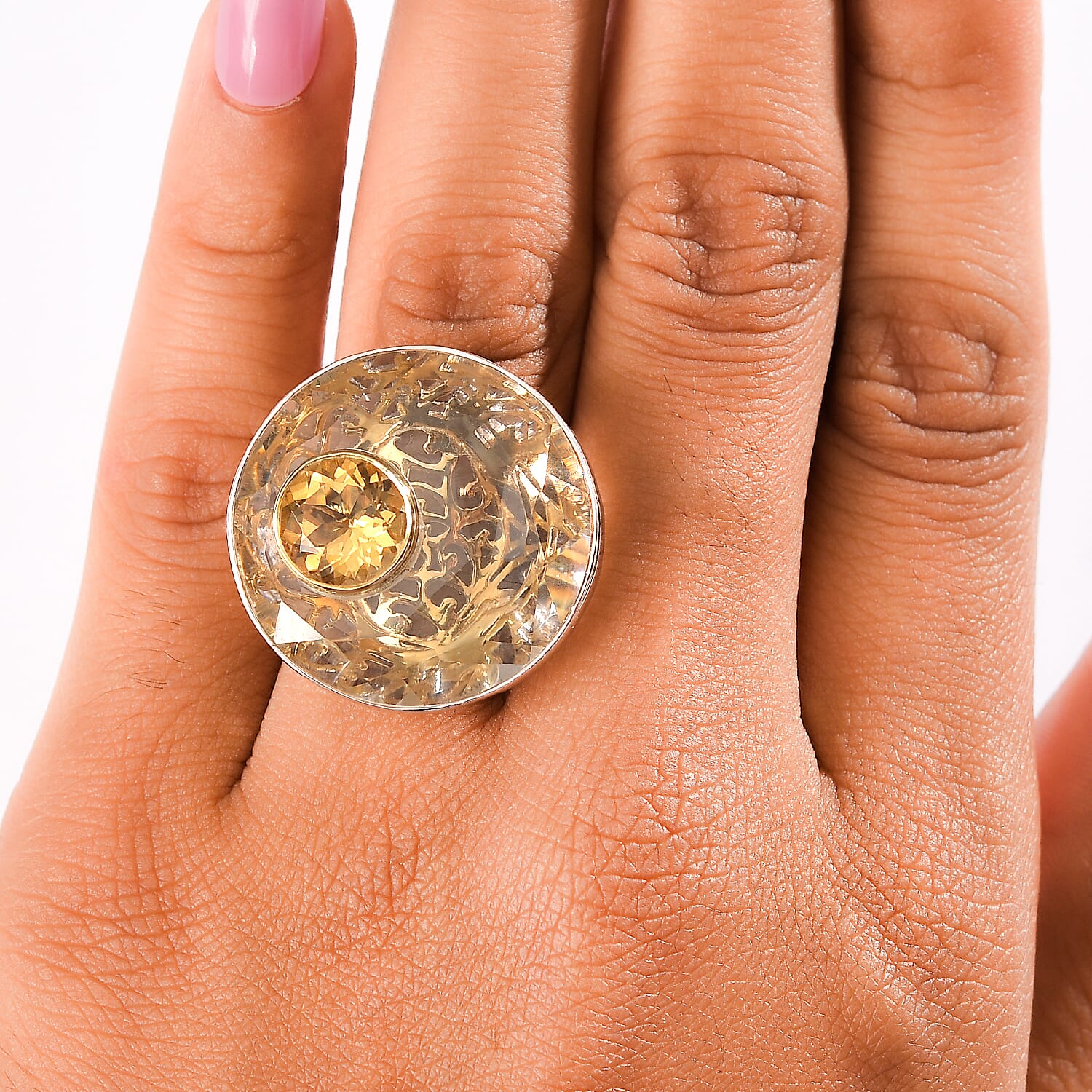 Sajen Silver Natural Crystal and Brazilian Citrine 33.15 ctw Ring in Rhodium Over Sterling Silver (Size 10.0)