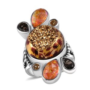 Sajen Silver Astral Leopard Gold Window Drusy Quartz and Multi Gemstone 17.20 ctw Ring in Rhodium Over Sterling Silver (Size 10.0)