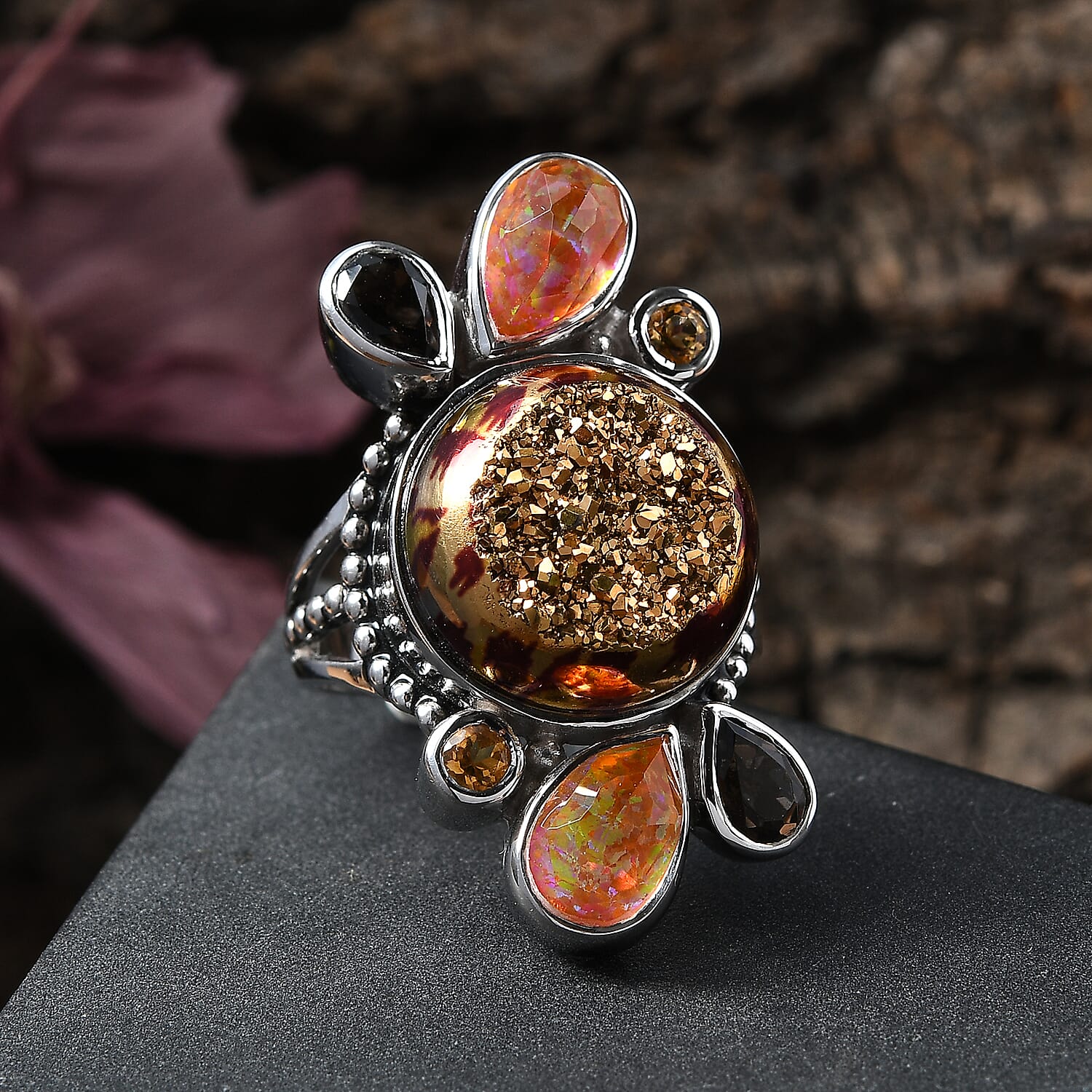 Sajen Silver Astral Leopard Gold Window Drusy Quartz and Multi Gemstone 17.20 ctw Ring in Rhodium Over Sterling Silver (Size 10.0)