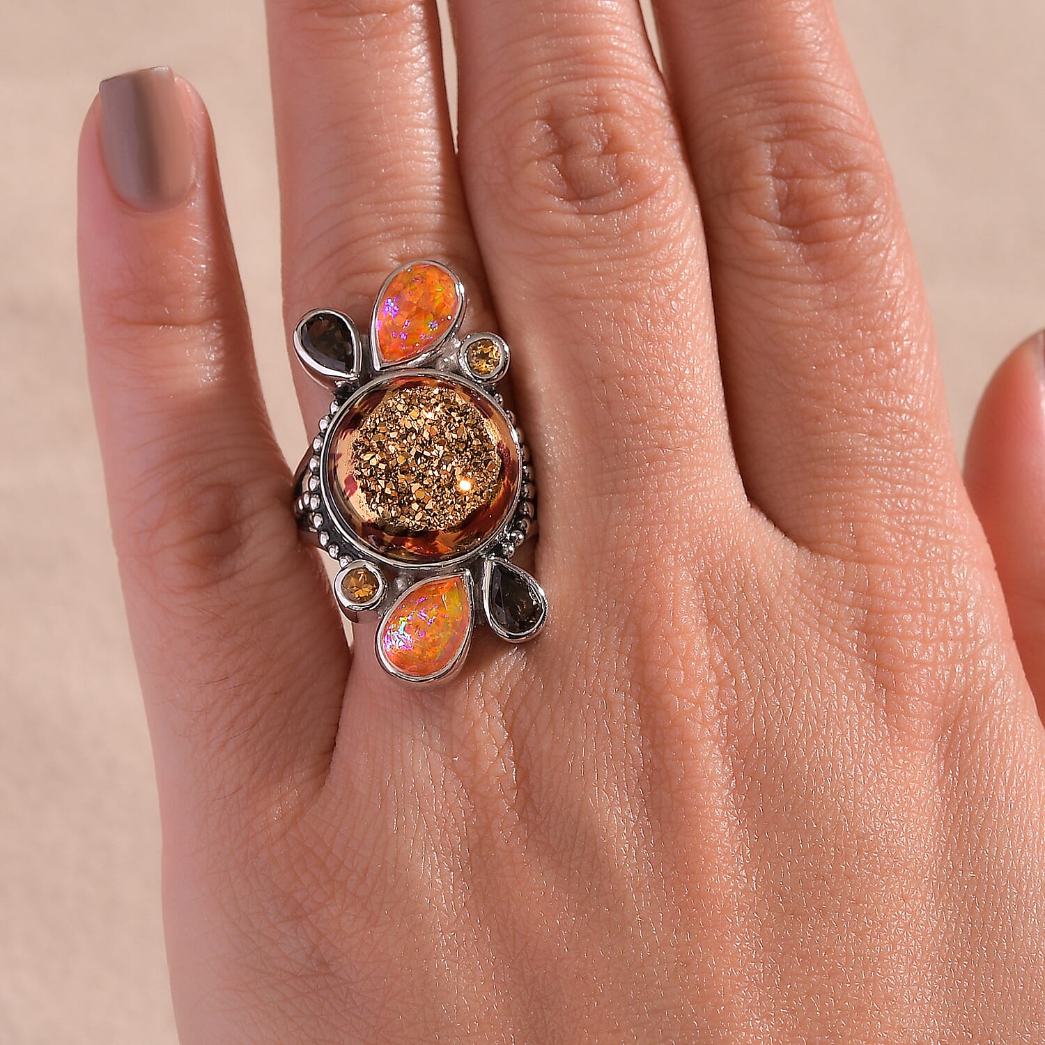 Sajen Silver Astral Leopard Gold Window Drusy Quartz and Multi Gemstone 17.20 ctw Ring in Rhodium Over Sterling Silver (Size 10.0)
