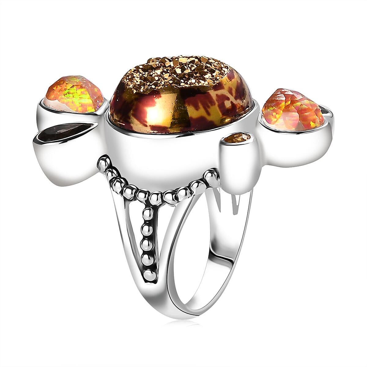 Sajen Silver Astral Leopard Gold Window Drusy Quartz and Multi Gemstone 17.20 ctw Ring in Rhodium Over Sterling Silver (Size 10.0)