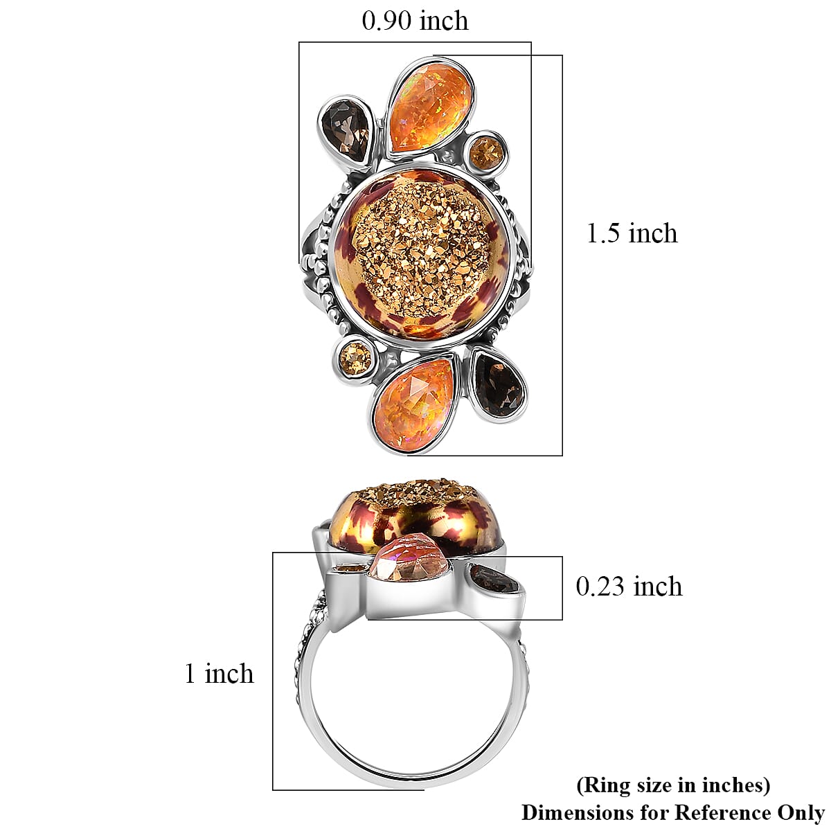Sajen Silver Astral Leopard Gold Window Drusy Quartz and Multi Gemstone 17.20 ctw Ring in Rhodium Over Sterling Silver (Size 10.0)