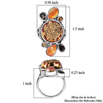 Sajen Silver Astral Leopard Gold Window Drusy Quartz and Multi Gemstone 17.20 ctw Ring in Rhodium Over Sterling Silver (Size 10.0)