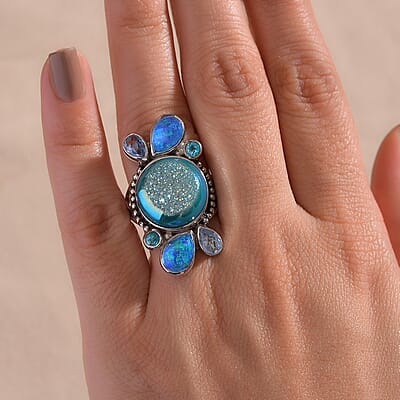  Sajen Silver Golden Dream Paraiba Window Drusy Quartz and Multi Gemstone 14.90 ctw Ring in Rhodium Over Sterling Silver (Size 10.0)