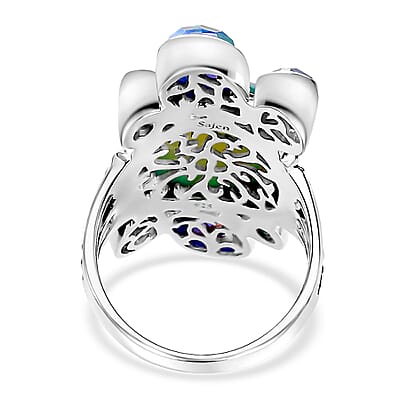  Sajen Silver Golden Dream Paraiba Window Drusy Quartz and Multi Gemstone 14.90 ctw Ring in Rhodium Over Sterling Silver (Size 10.0)
