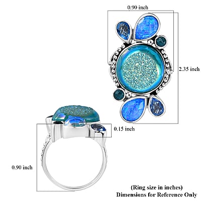  Sajen Silver Golden Dream Paraiba Window Drusy Quartz and Multi Gemstone 14.90 ctw Ring in Rhodium Over Sterling Silver (Size 10.0)