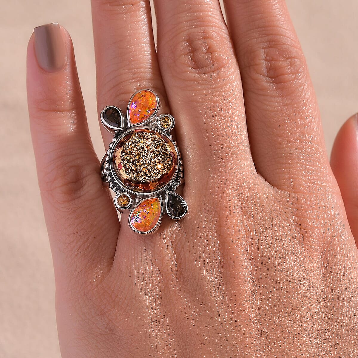 Sajen Silver Golden Dream Paraiba Window Drusy Quartz, Multi Gemstone Ring in Rhodium Over Sterling Silver (Size 5.0) 14.90 ctw image number 2