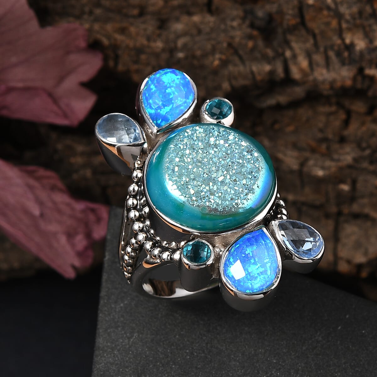  Sajen Silver Golden Dream Paraiba Window Drusy Quartz and Multi Gemstone 14.90 ctw Ring in Rhodium Over Sterling Silver (Size 6.0) image number 1