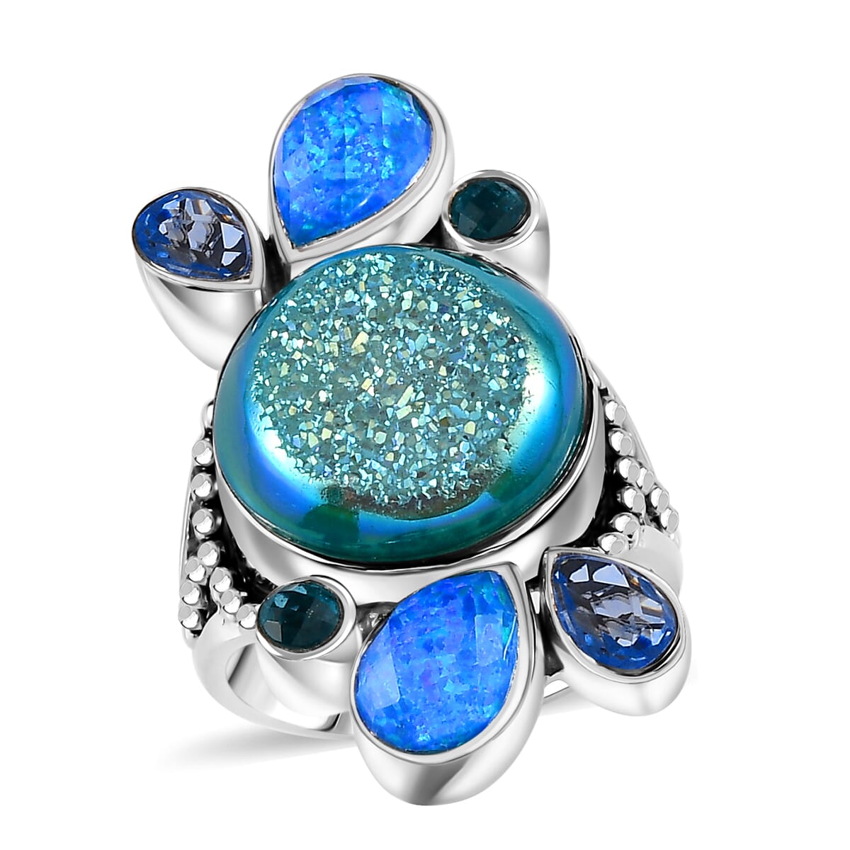  Sajen Silver Golden Dream Paraiba Window Drusy Quartz and Multi Gemstone 14.90 ctw Ring in Rhodium Over Sterling Silver (Size 7.0) image number 0