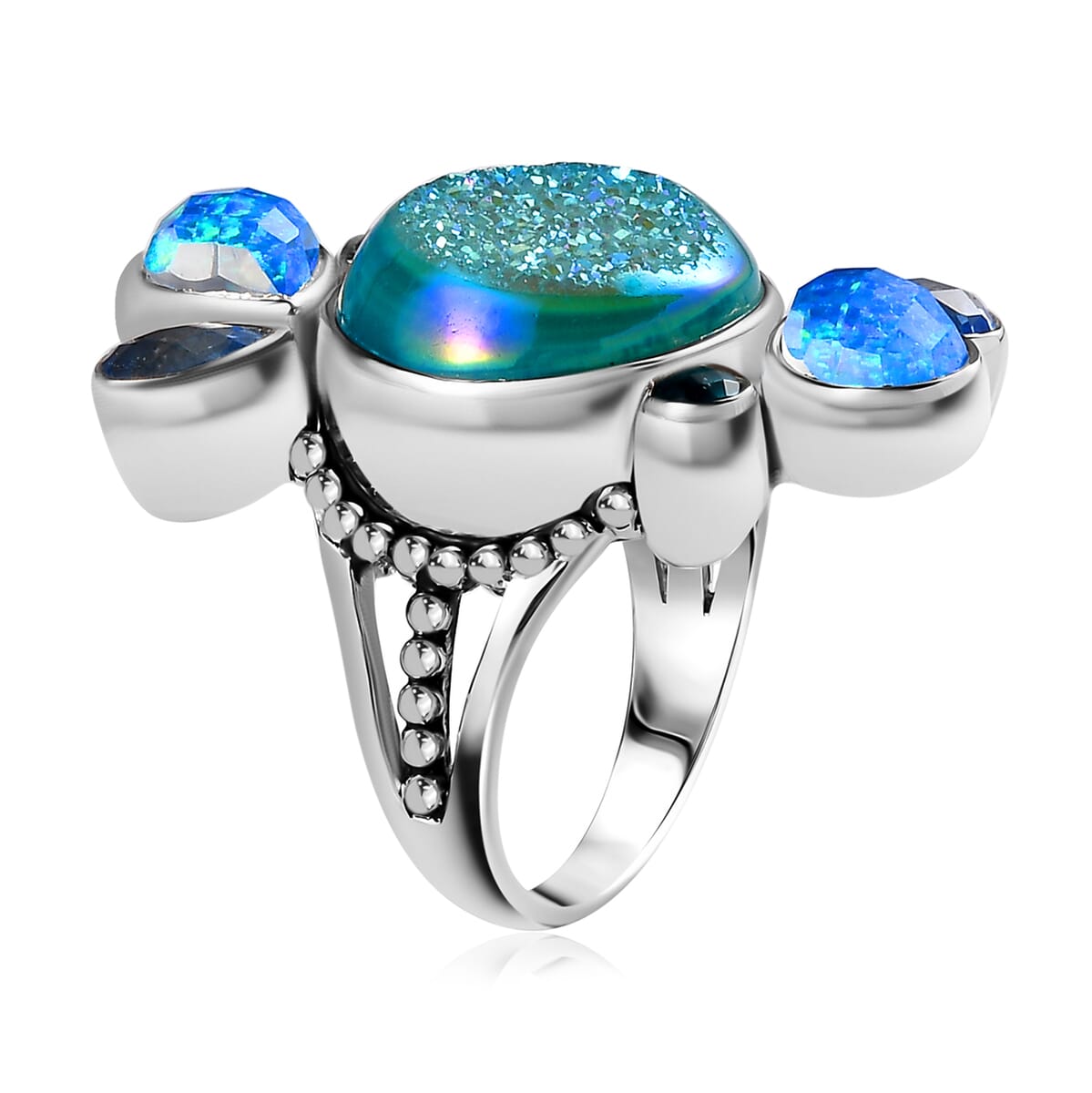  Sajen Silver Golden Dream Paraiba Window Drusy Quartz and Multi Gemstone 14.90 ctw Ring in Rhodium Over Sterling Silver (Size 7.0) image number 3