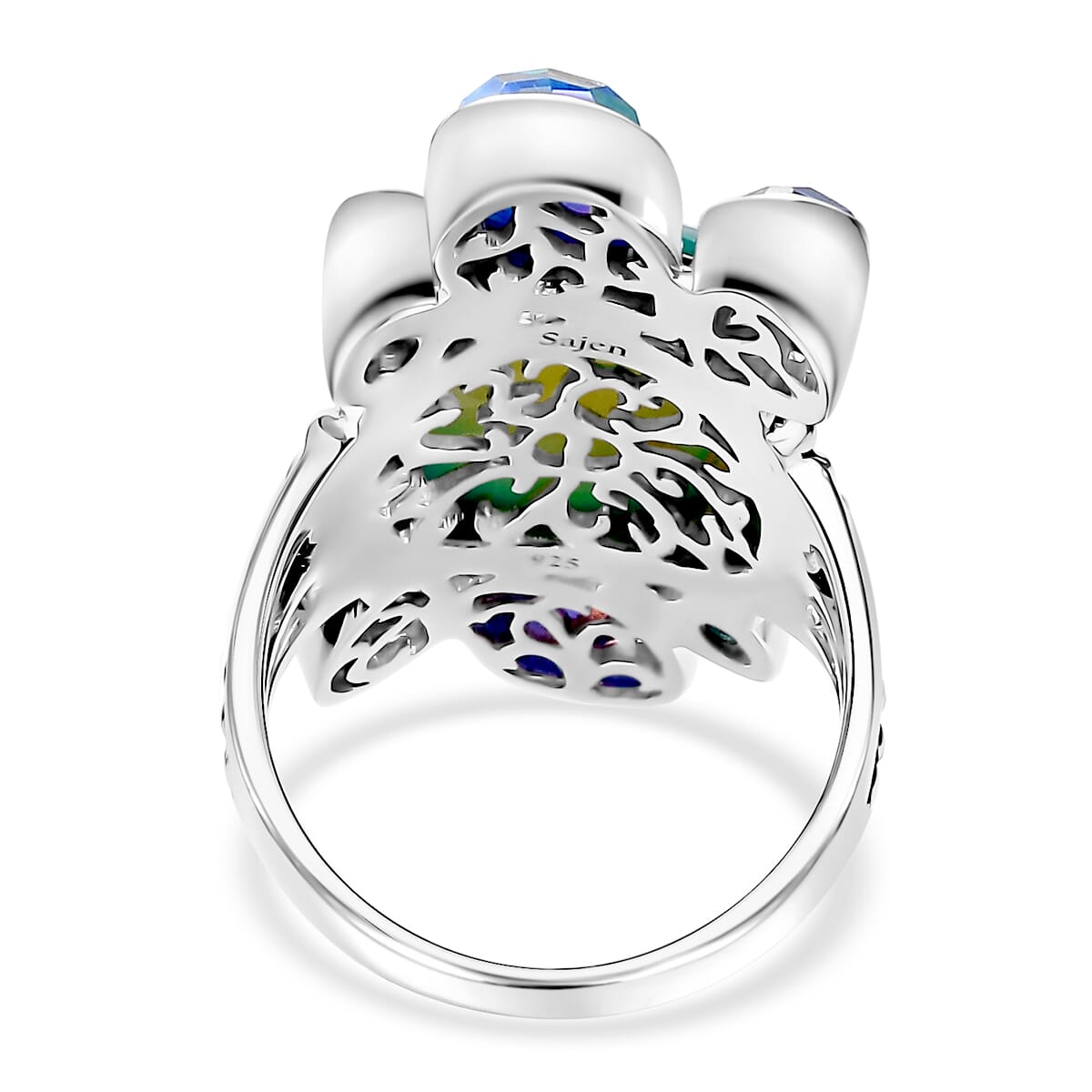  Sajen Silver Golden Dream Paraiba Window Drusy Quartz and Multi Gemstone 14.90 ctw Ring in Rhodium Over Sterling Silver (Size 7.0) image number 4