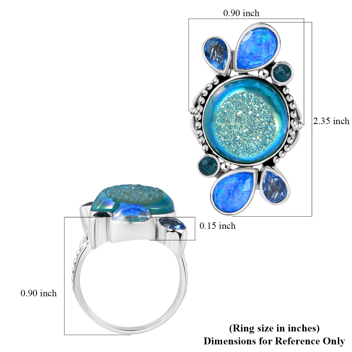  Sajen Silver Golden Dream Paraiba Window Drusy Quartz and Multi Gemstone 14.90 ctw Ring in Rhodium Over Sterling Silver (Size 7.0) image number 5
