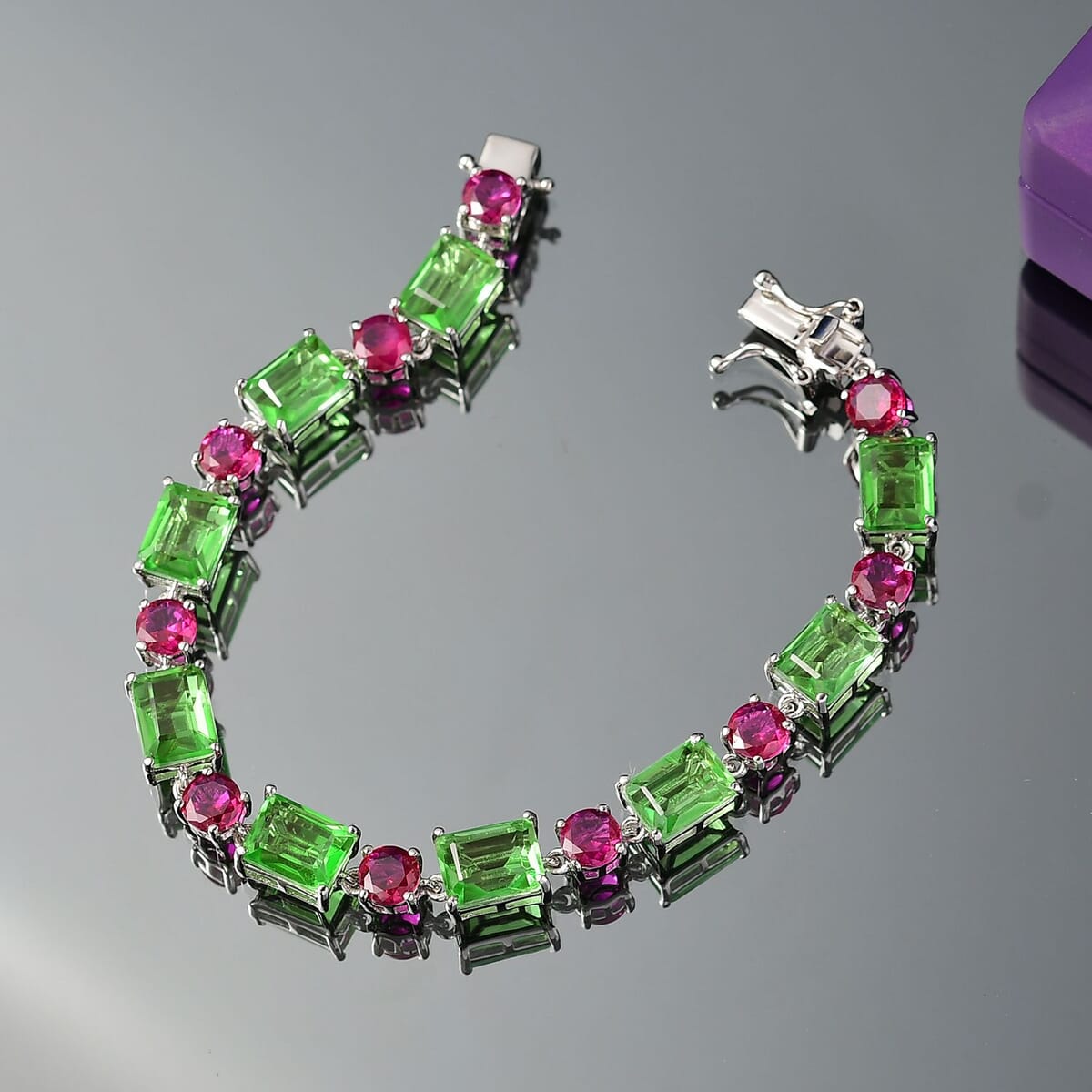 Ever True Chartreuse Quartz (Triplet) and Lab Created Ruby 23.50 ctw Vine Bracelet in Platinum Bon (6.50 In) image number 1