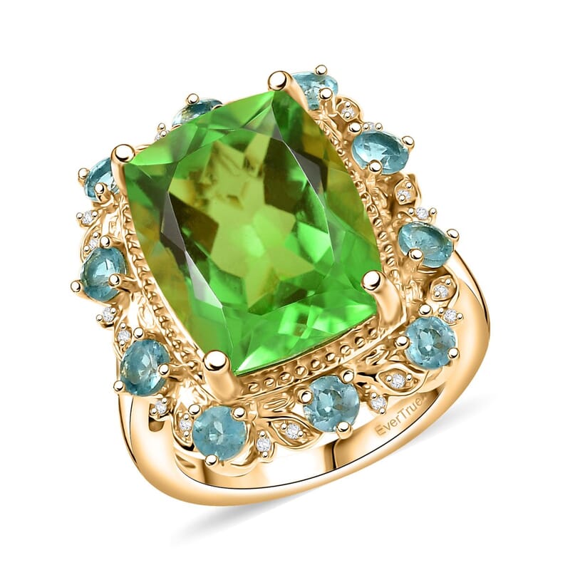 EverTrue Chartreuse Quartz (Triplet) and Multi Gemstone 12.60 ctw Rainforest Radiance Ring in 18K Yellow Gold Plated (Size 10.0)