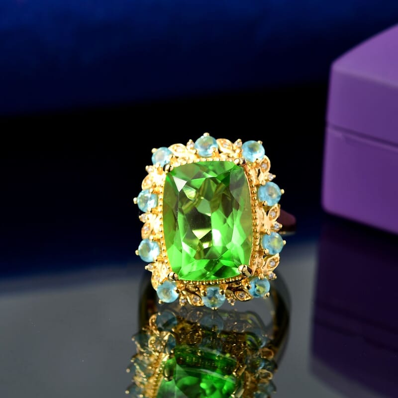 EverTrue Chartreuse Quartz (Triplet) and Multi Gemstone 12.60 ctw Rainforest Radiance Ring in 18K Yellow Gold Plated (Size 10.0)