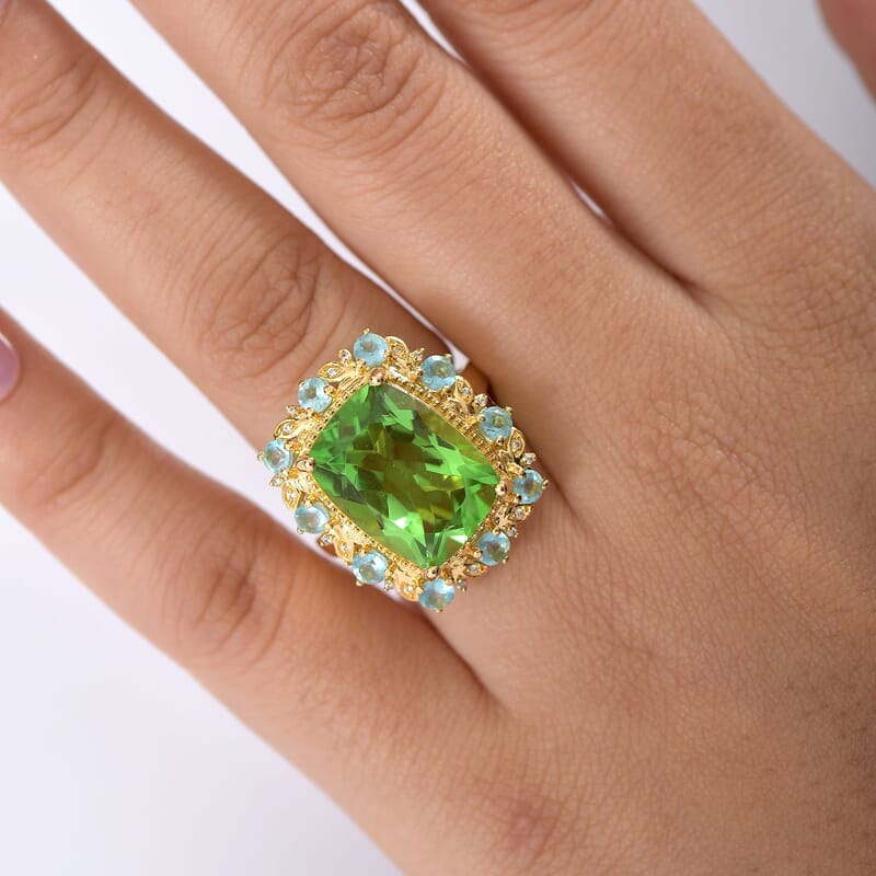 EverTrue Chartreuse Quartz (Triplet) and Multi Gemstone 12.60 ctw Rainforest Radiance Ring in 18K Yellow Gold Plated (Size 10.0)