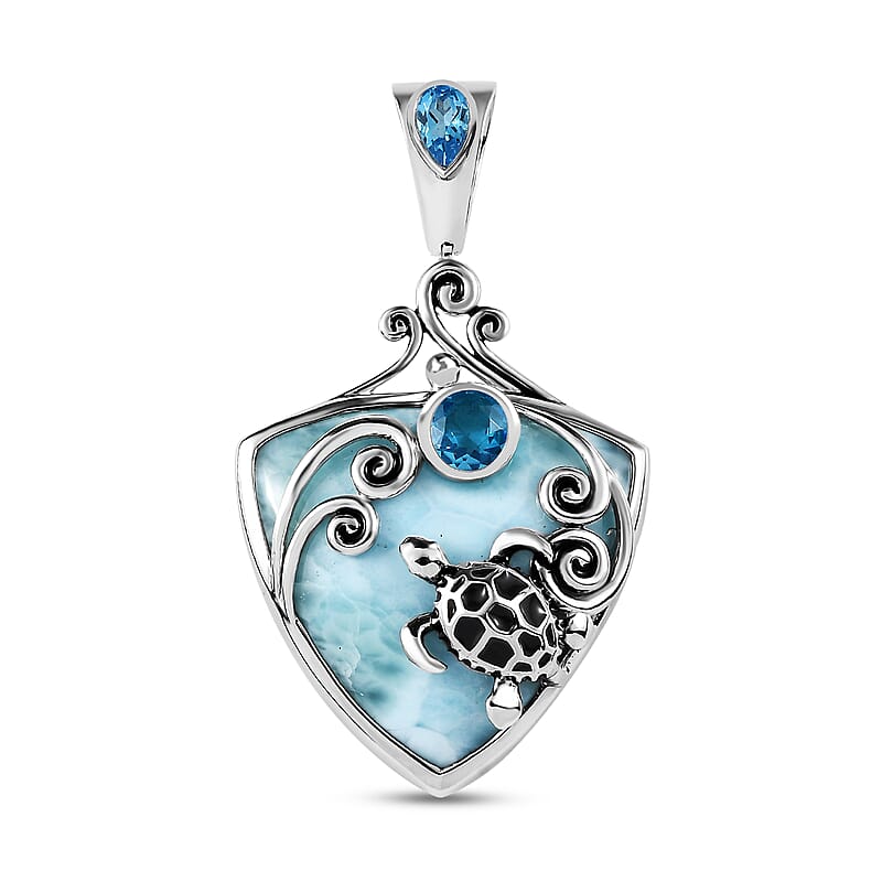 Sajen Silver Larimar and Celestial Blue Doublet Quartz 23.70 ctw Turtle Pendant without Chain in Rhodium Over Sterling Silver
