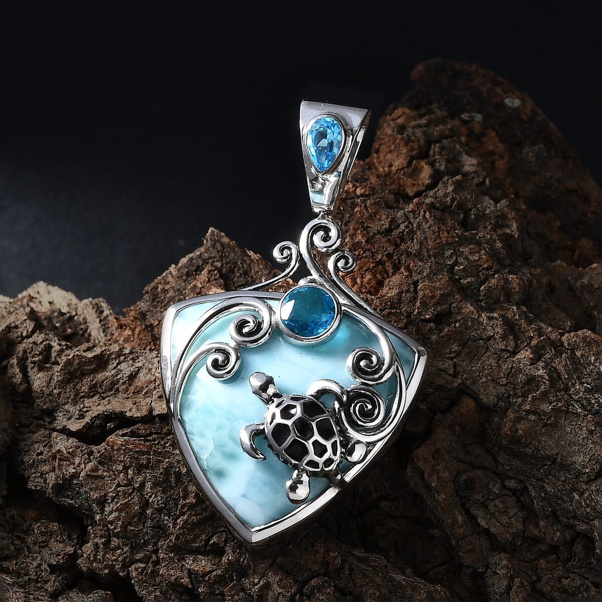 Sajen Silver Larimar and Celestial Blue Doublet Quartz 23.70 ctw Turtle Pendant in Rhodium Over Sterling Silver image number 1