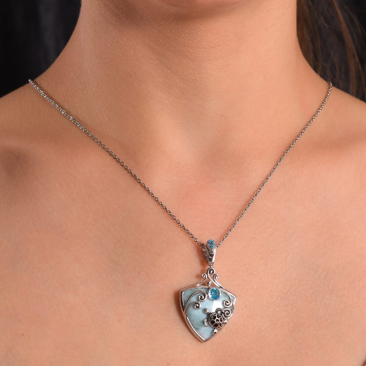 Sajen Silver Larimar and Celestial Blue Doublet Quartz 23.70 ctw Turtle Pendant in Rhodium Over Sterling Silver image number 2