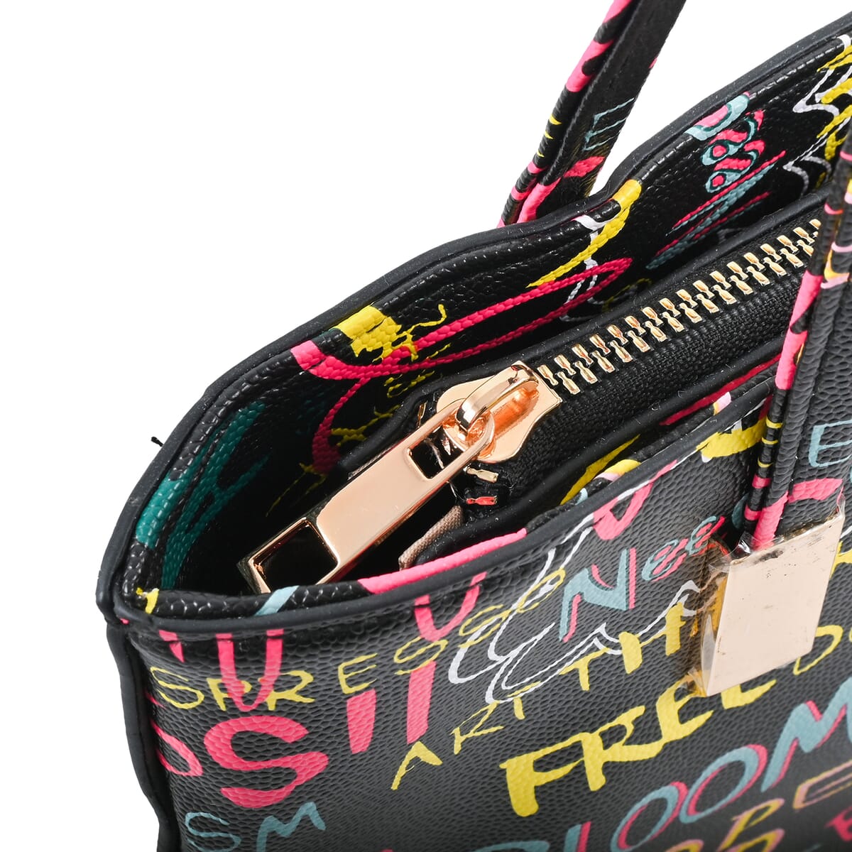 Chunma 3pc Black Graffiti Art Vegan Leather Tote, Shoulder Bag and Wallet image number 9