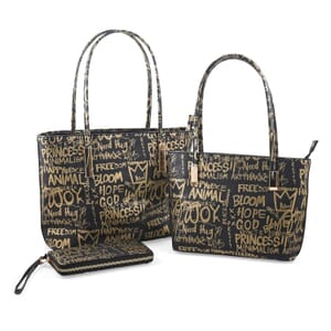 Chunma 3pc Black & Golden Graffiti Art Vegan Leather Tote, Shoulder Bag and Wallet