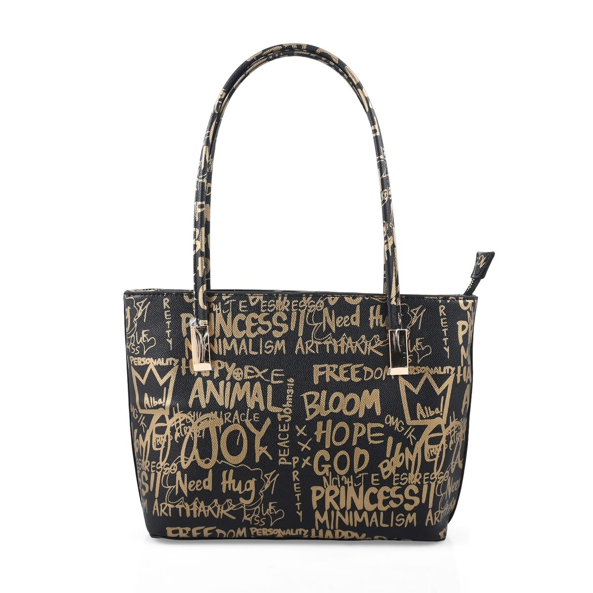 Chunma 3pc Black & Golden Graffiti Art Vegan Leather Tote, Shoulder Bag and Wallet image number 1